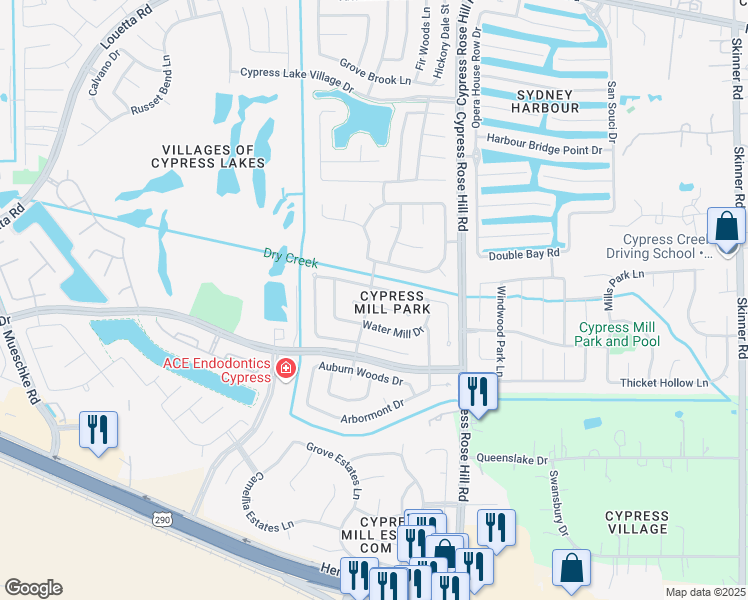 map of restaurants, bars, coffee shops, grocery stores, and more near 18330 Cinderwood Drive in Cypress