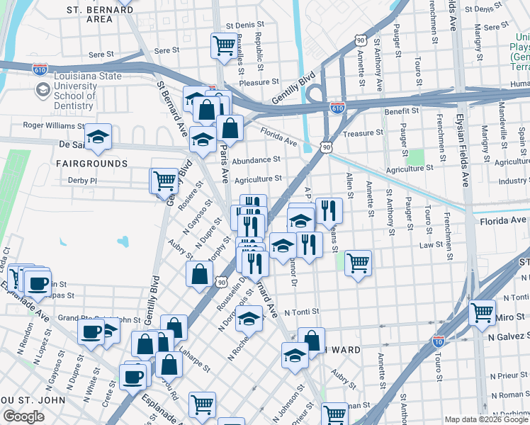 map of restaurants, bars, coffee shops, grocery stores, and more near 2037 North Broad Street in New Orleans