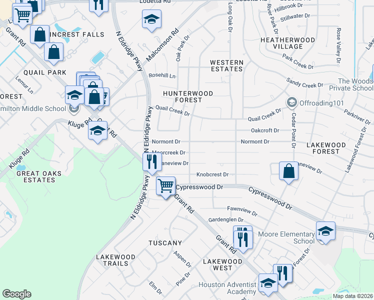map of restaurants, bars, coffee shops, grocery stores, and more near 12315 Moorcreek Drive in Houston