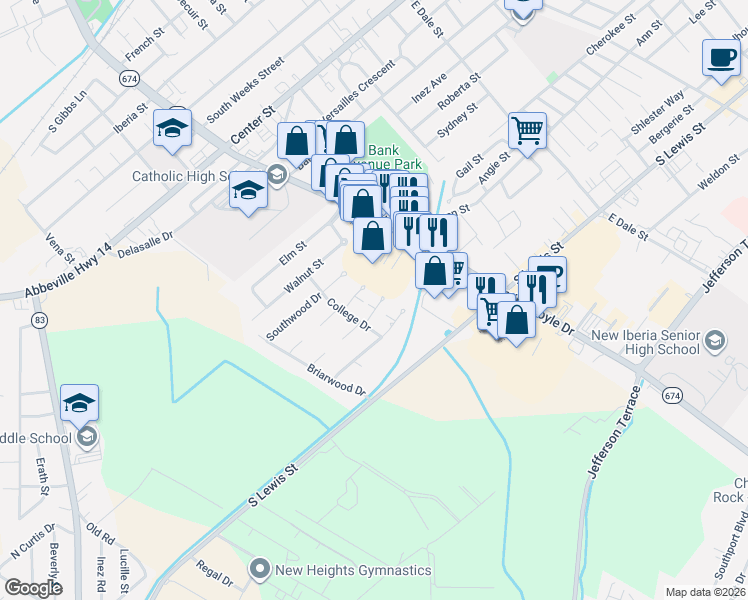 map of restaurants, bars, coffee shops, grocery stores, and more near 1510 Nesbitt Dr in New Iberia
