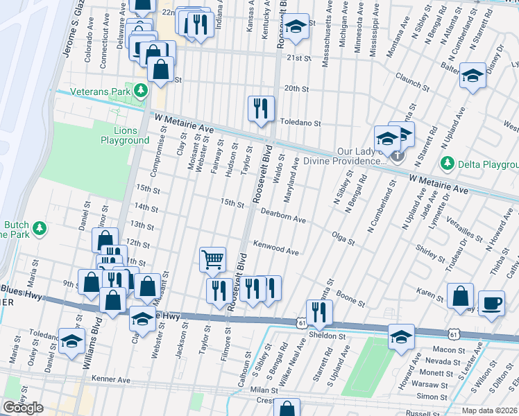 map of restaurants, bars, coffee shops, grocery stores, and more near 1431 Roosevelt Boulevard in Kenner