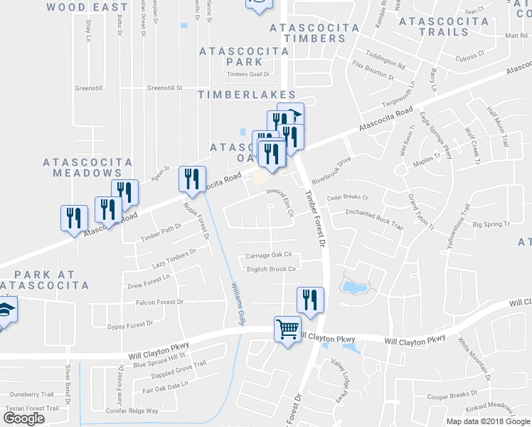 map of restaurants, bars, coffee shops, grocery stores, and more near 18423 Knob Hill Lake Lane in Humble