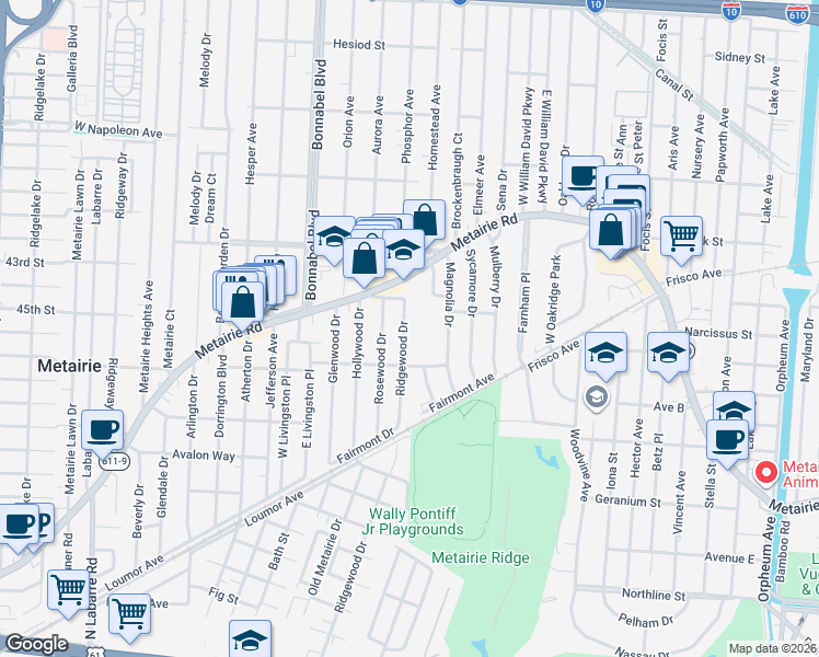 map of restaurants, bars, coffee shops, grocery stores, and more near 141 Ridgewood Drive in Metairie