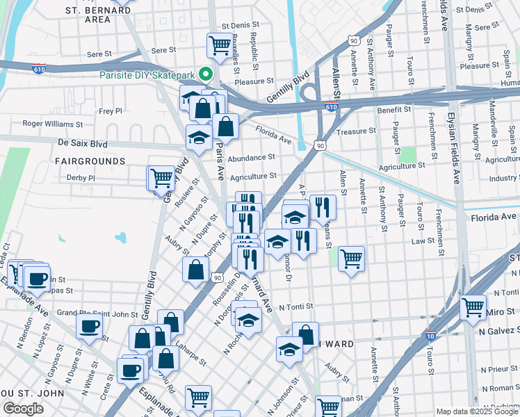 map of restaurants, bars, coffee shops, grocery stores, and more near 2037 North Broad Street in New Orleans