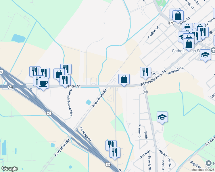 map of restaurants, bars, coffee shops, grocery stores, and more near in New Iberia