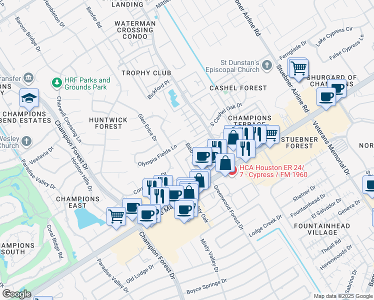 map of restaurants, bars, coffee shops, grocery stores, and more near 17 Bibb Drive in Houston