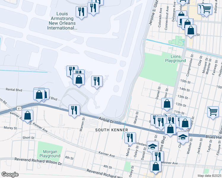 map of restaurants, bars, coffee shops, grocery stores, and more near in Kenner