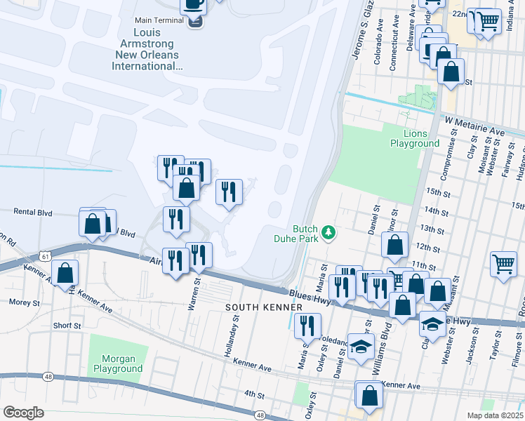 map of restaurants, bars, coffee shops, grocery stores, and more near in Kenner