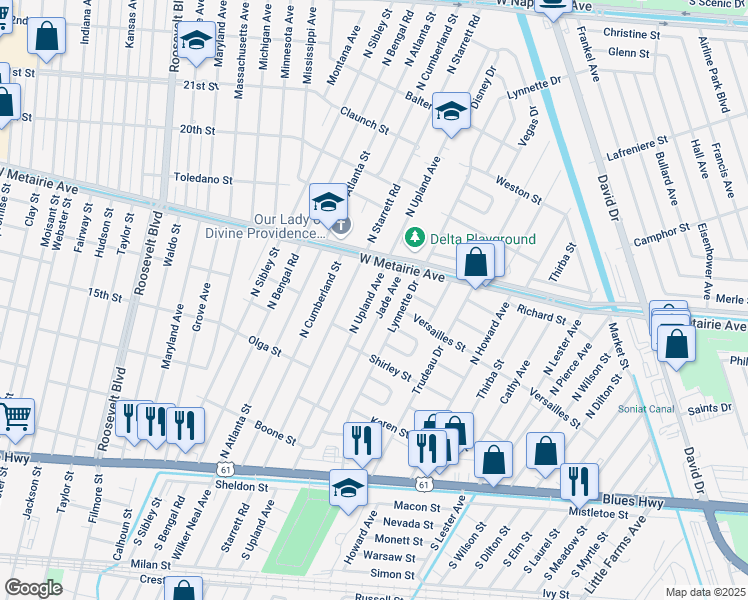 map of restaurants, bars, coffee shops, grocery stores, and more near 708 Jade Avenue in Metairie