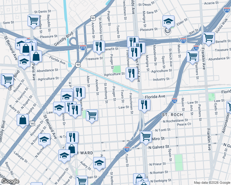 map of restaurants, bars, coffee shops, grocery stores, and more near 3411 Pauger Street in New Orleans