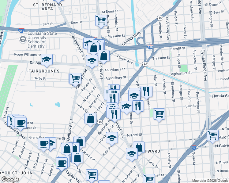 map of restaurants, bars, coffee shops, grocery stores, and more near 2037 North Broad Street in New Orleans