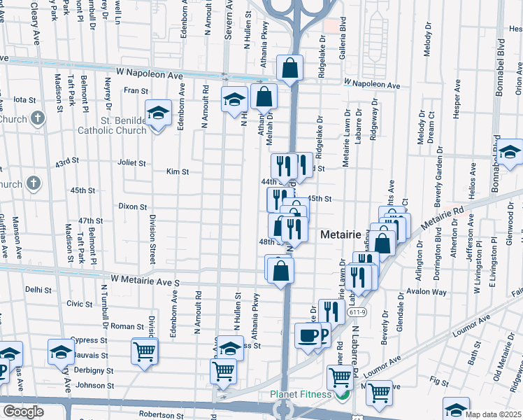 map of restaurants, bars, coffee shops, grocery stores, and more near 3232 46th Street in Metairie