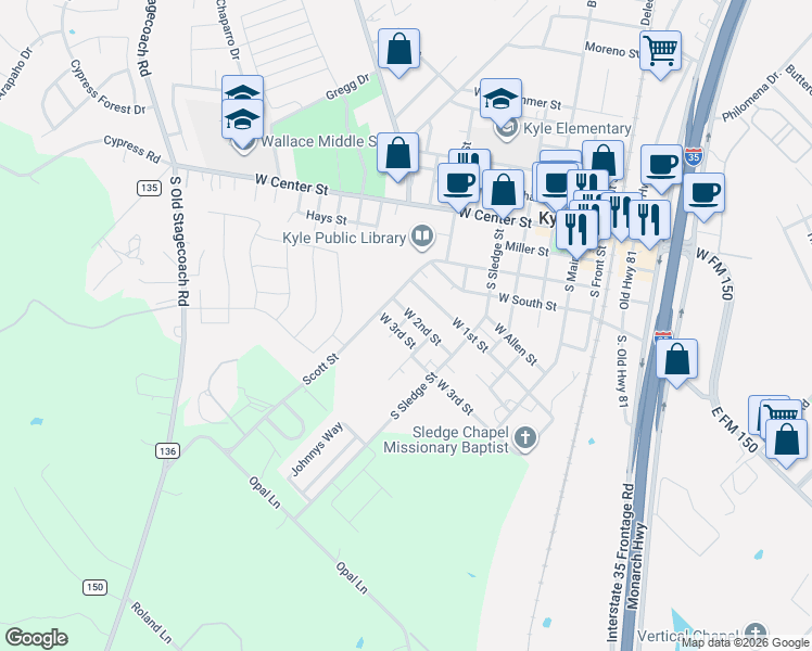 map of restaurants, bars, coffee shops, grocery stores, and more near 701 West 2nd Street in Kyle