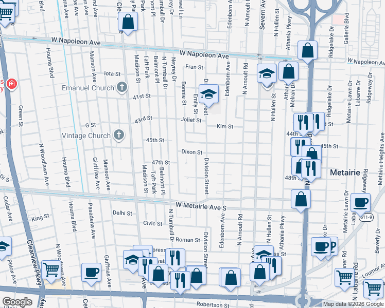 map of restaurants, bars, coffee shops, grocery stores, and more near 1301 Waltham Street in Metairie