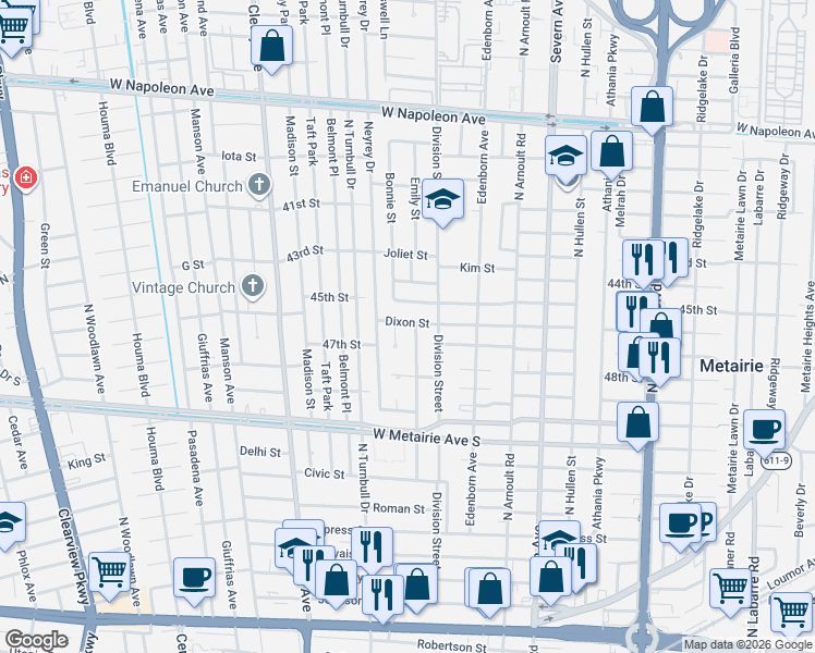map of restaurants, bars, coffee shops, grocery stores, and more near 1301 Waltham Street in Metairie