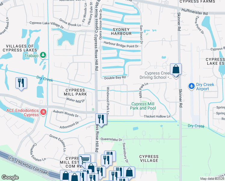 map of restaurants, bars, coffee shops, grocery stores, and more near 14735 Arbor Trace Court in Cypress