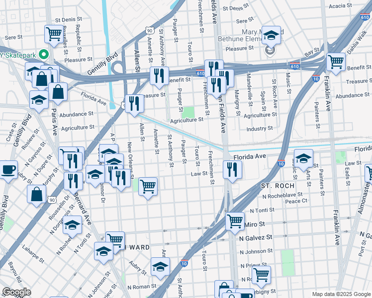 map of restaurants, bars, coffee shops, grocery stores, and more near 2044 Duels Street in New Orleans