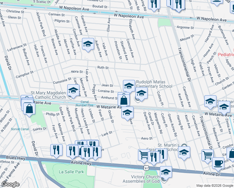 map of restaurants, bars, coffee shops, grocery stores, and more near 5909 Amhurst Street in Metairie