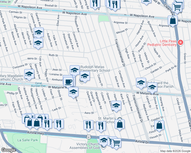 map of restaurants, bars, coffee shops, grocery stores, and more near 1020 Linwood Avenue in Metairie