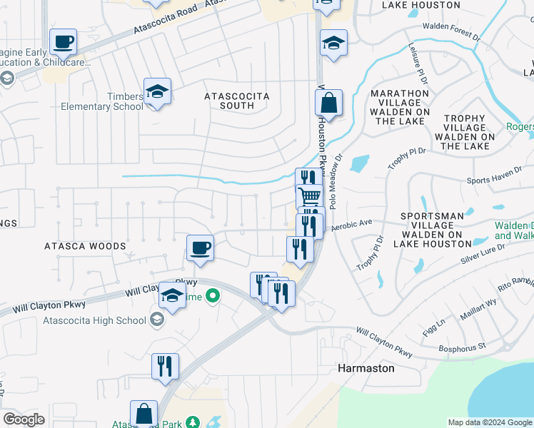 map of restaurants, bars, coffee shops, grocery stores, and more near 18423 Atasca Woods Way in Humble