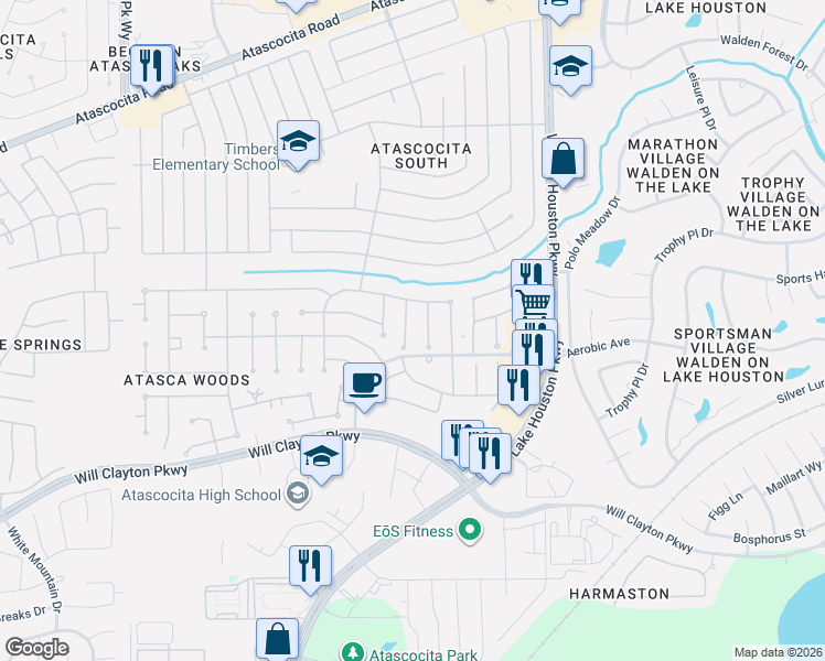 map of restaurants, bars, coffee shops, grocery stores, and more near 18407 Mabels Island Court in Humble