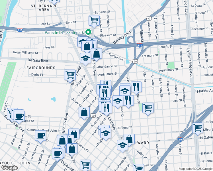 map of restaurants, bars, coffee shops, grocery stores, and more near 2723 Bruxelles Street in New Orleans