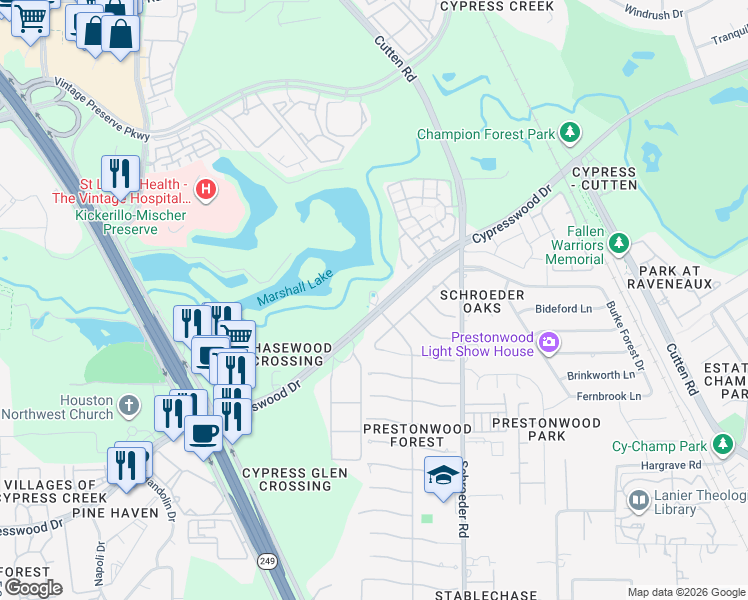map of restaurants, bars, coffee shops, grocery stores, and more near 14210 Prestonwood Forest Drive in Houston
