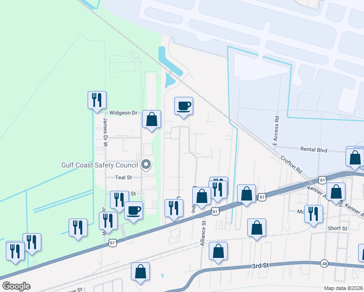 map of restaurants, bars, coffee shops, grocery stores, and more near 1055 Lesan Drive in Kenner