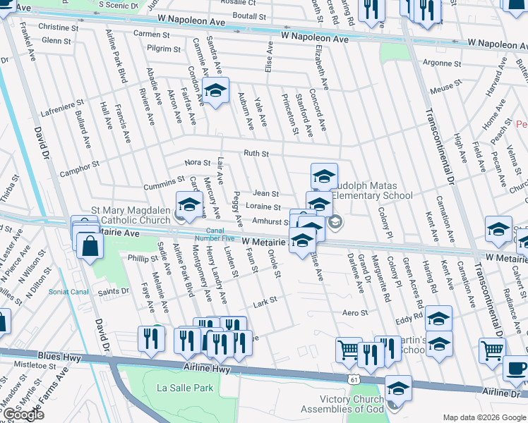 map of restaurants, bars, coffee shops, grocery stores, and more near 6008 Amhurst Street in Metairie