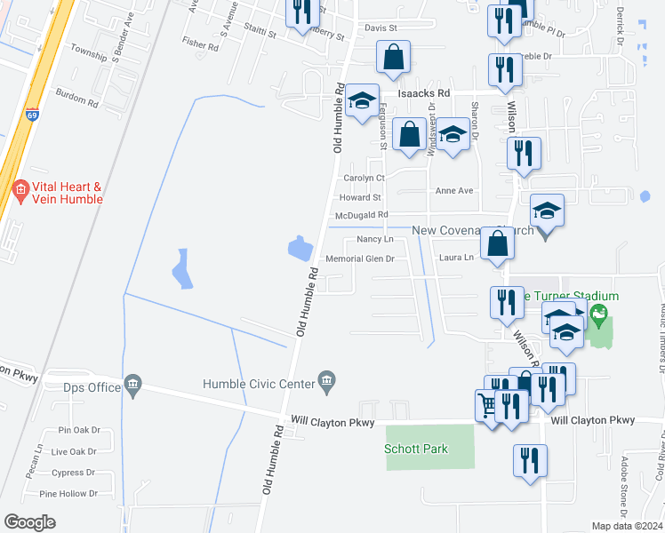 map of restaurants, bars, coffee shops, grocery stores, and more near 1006 Memorial Glen Drive in Humble
