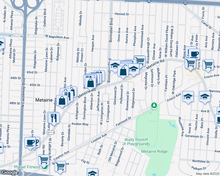 map of restaurants, bars, coffee shops, grocery stores, and more near 128 Glenwood Drive in Metairie