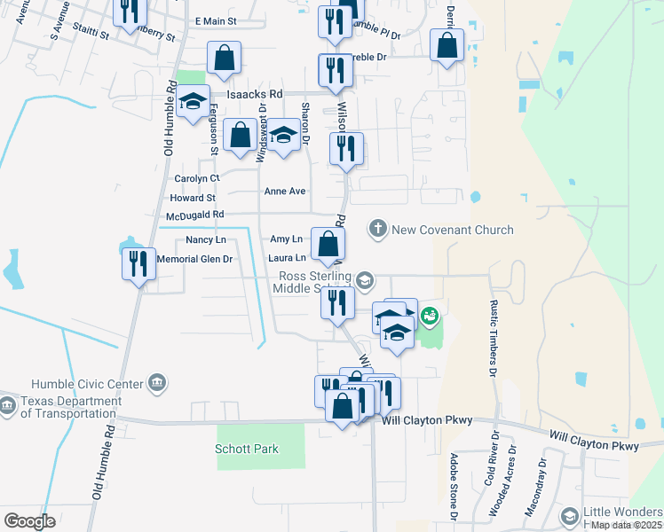 map of restaurants, bars, coffee shops, grocery stores, and more near 1110 Wilson Road in Humble