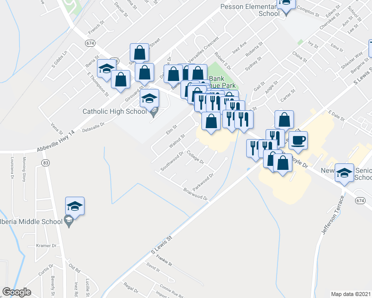 map of restaurants, bars, coffee shops, grocery stores, and more near 1599 Southwood Drive in New Iberia