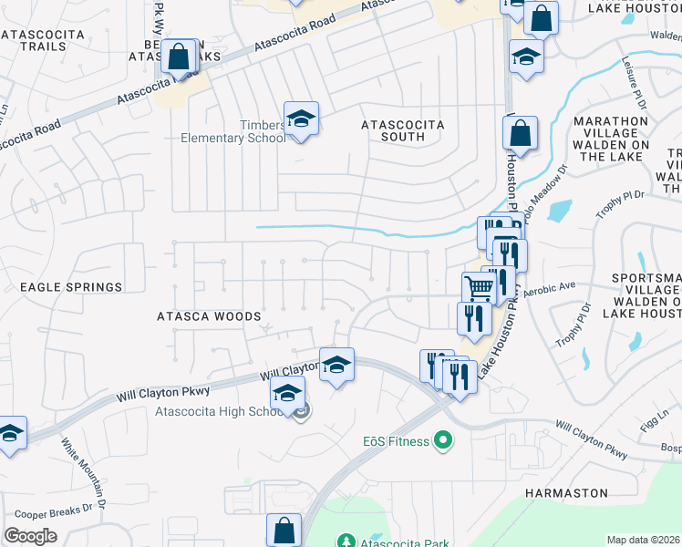 map of restaurants, bars, coffee shops, grocery stores, and more near 7131 Hot Creek Trace in Humble