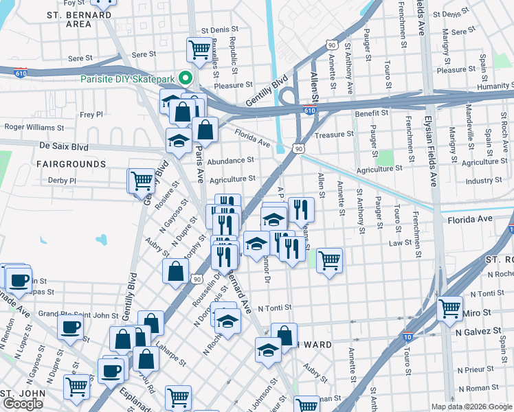 map of restaurants, bars, coffee shops, grocery stores, and more near 2126 North Broad Street in New Orleans