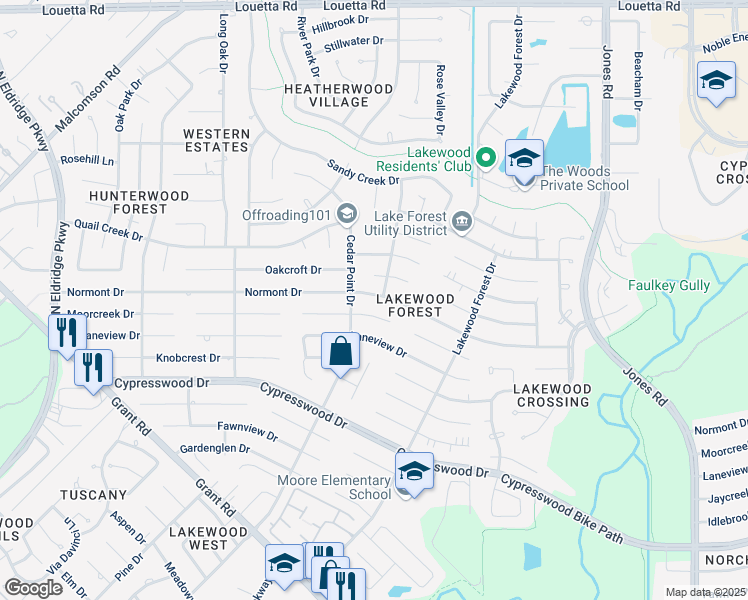 map of restaurants, bars, coffee shops, grocery stores, and more near 11831 Moorcreek Drive in Houston