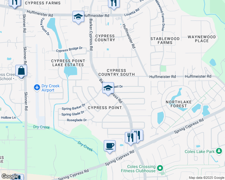 map of restaurants, bars, coffee shops, grocery stores, and more near 16311 Indian Cypress Drive in Cypress