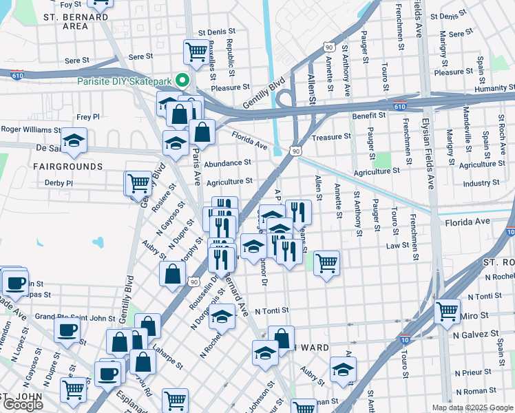 map of restaurants, bars, coffee shops, grocery stores, and more near 1744 Duels Street in New Orleans