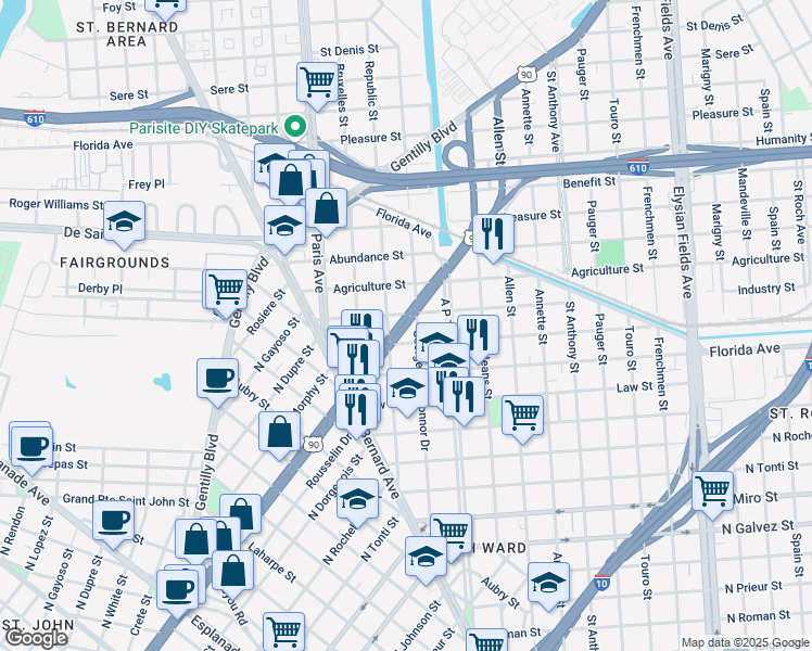 map of restaurants, bars, coffee shops, grocery stores, and more near 1744 Duels Street in New Orleans