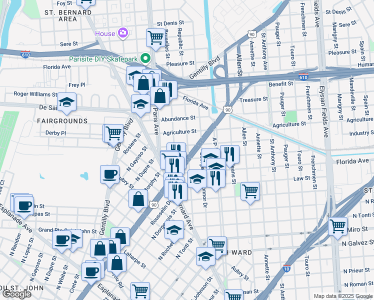 map of restaurants, bars, coffee shops, grocery stores, and more near 2037 North Broad Street in New Orleans