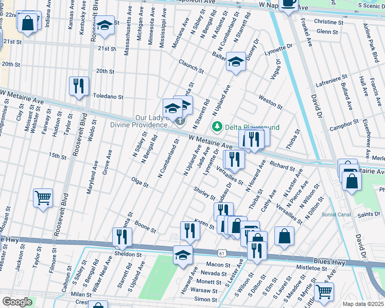 map of restaurants, bars, coffee shops, grocery stores, and more near 708 Jade Avenue in Metairie