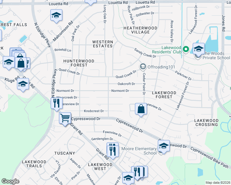 map of restaurants, bars, coffee shops, grocery stores, and more near 12023 Normont Drive in Houston