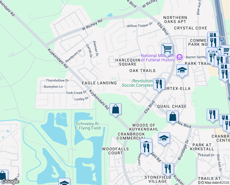 map of restaurants, bars, coffee shops, grocery stores, and more near 930 Eagles Glide Drive in Houston