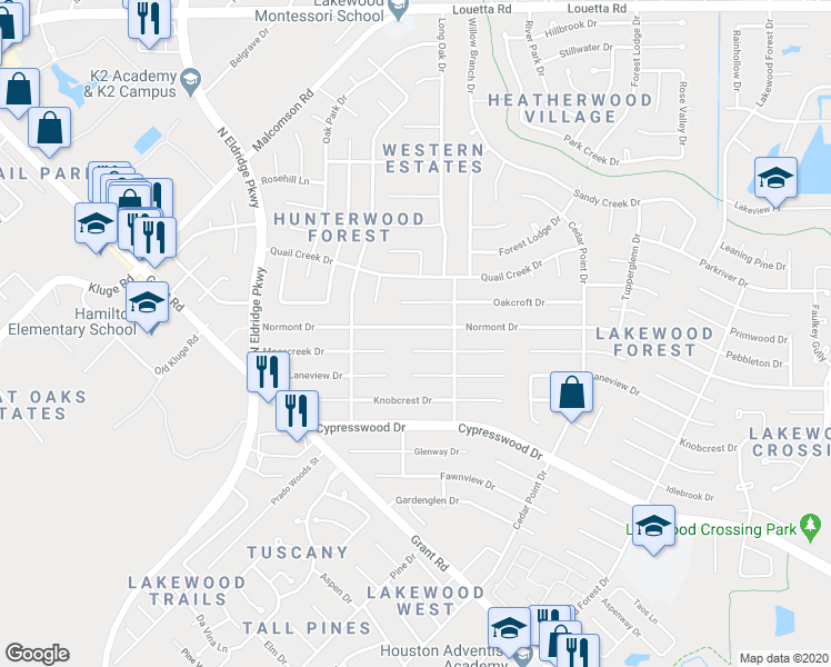 map of restaurants, bars, coffee shops, grocery stores, and more near 12123 Normont Drive in Houston