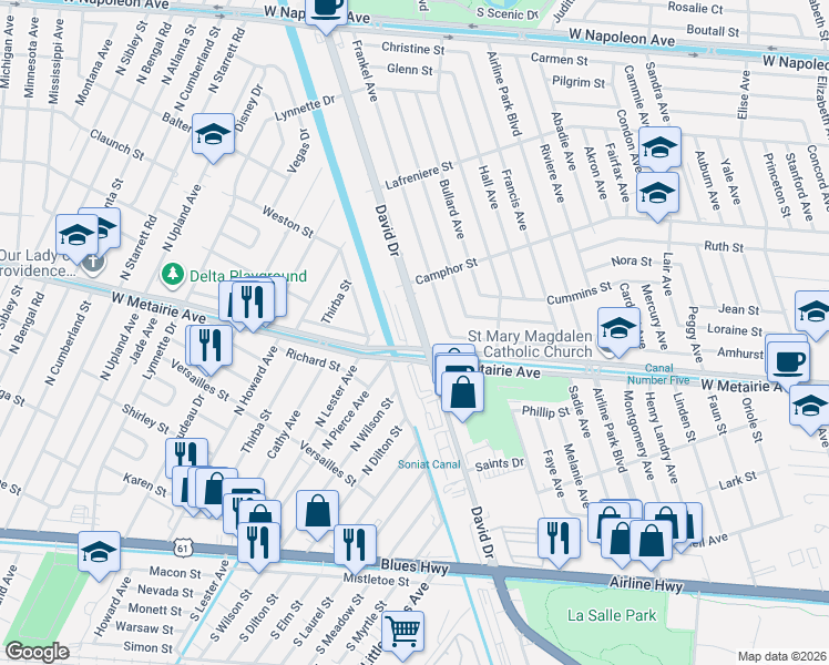 map of restaurants, bars, coffee shops, grocery stores, and more near 1112 David Drive in Metairie