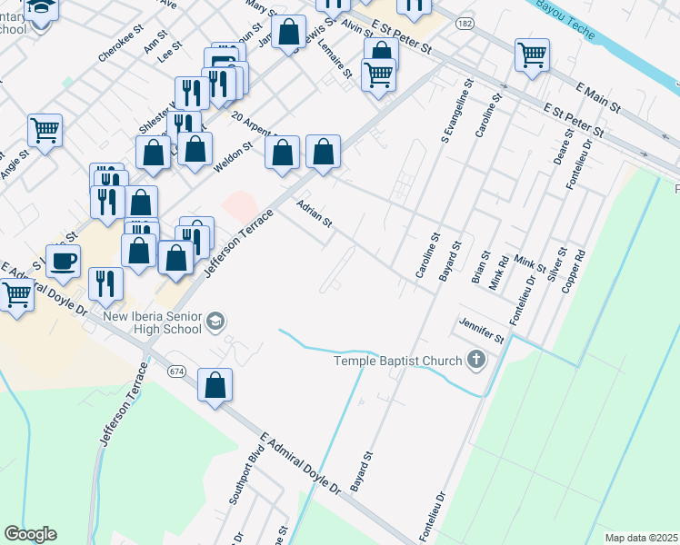 map of restaurants, bars, coffee shops, grocery stores, and more near 607 Peach Street in New Iberia