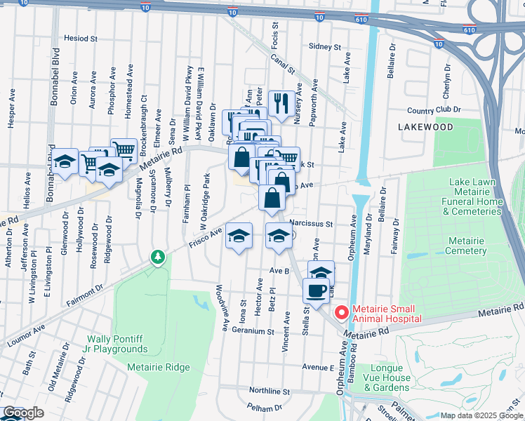 map of restaurants, bars, coffee shops, grocery stores, and more near 7 Azalea court in Metairie