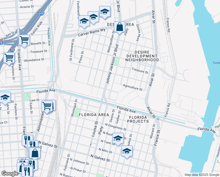 map of restaurants, bars, coffee shops, grocery stores, and more near 2838 Piety Street in New Orleans
