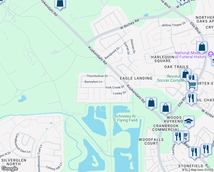 map of restaurants, bars, coffee shops, grocery stores, and more near 1606 Bonnyton Lane in Houston
