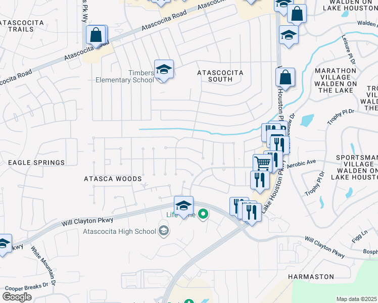 map of restaurants, bars, coffee shops, grocery stores, and more near 7130 Garnet Hill Lane in Humble